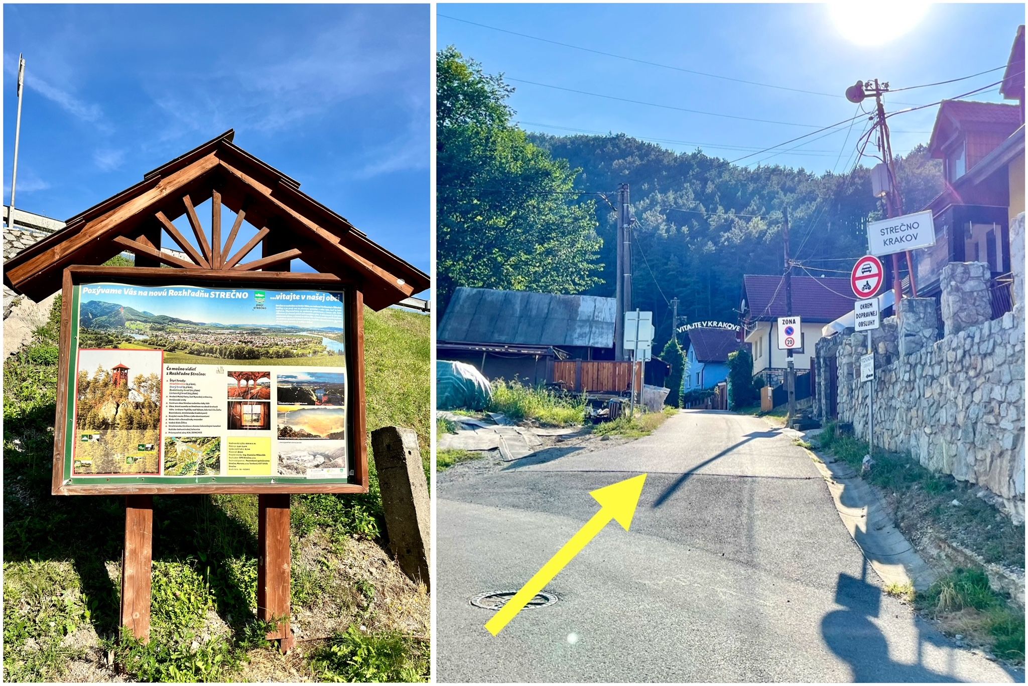 Našu túru začíname na parkovisku pod hradom Strečno, kde môžeme natrafiť na takúto informačnú tabuľu o rozhľadni. Ďalej sa vydávame smerom do miestnej časti "Krakov". Zdroj: Michala Staníková