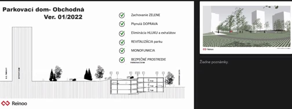 Z pohľadu od bytovky mal byť pod úrovňou terénu a zeleň má zostať zachovaná. VIZUALIZÁCIA: Reinoo