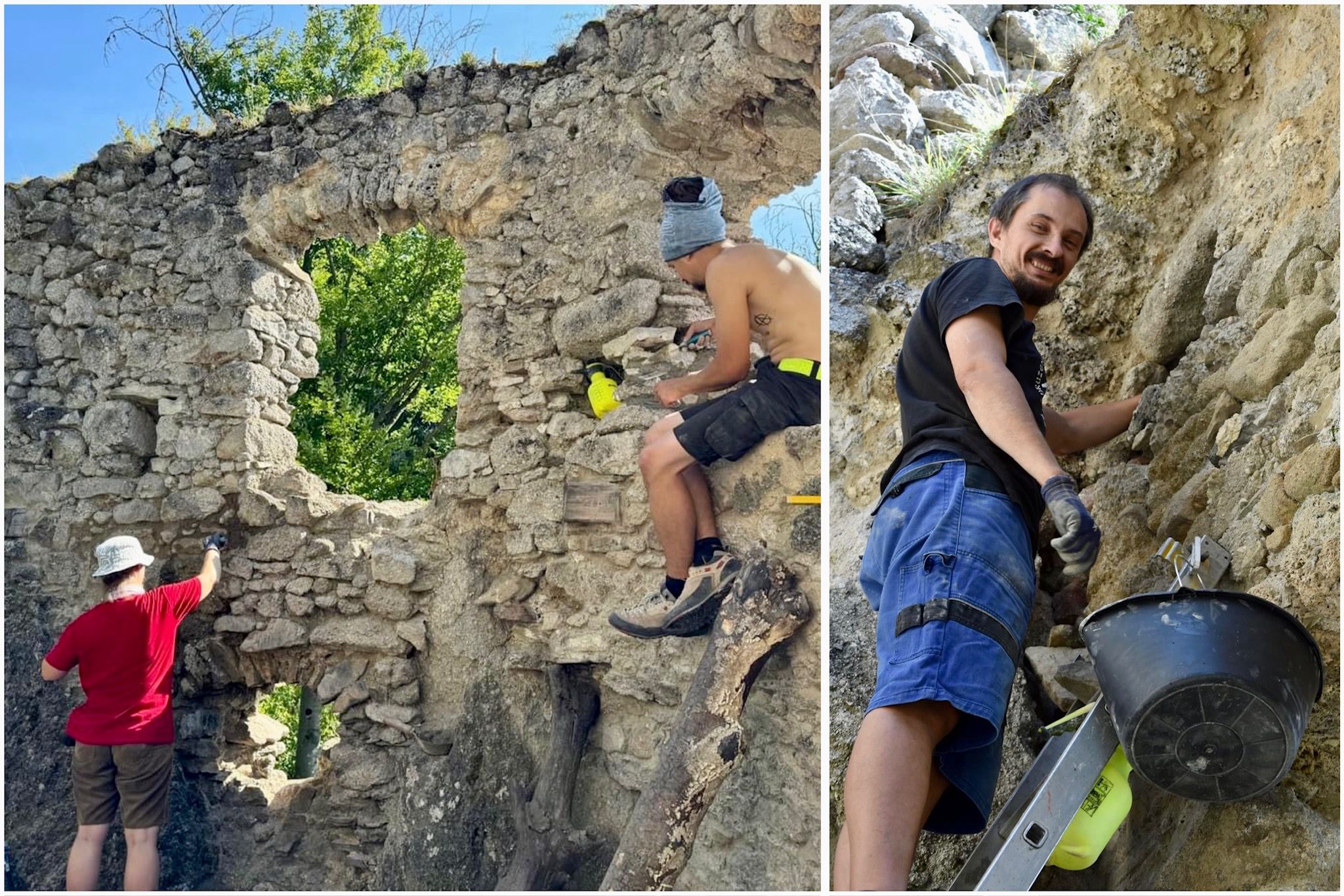 Na hrade sa opäť zišli dobrovoľníci zo susedných hradov, aby zachránili, čo sa dá. Jozef Mihálik vpravo. Zdroj: Facebook/Jozef Mihálik