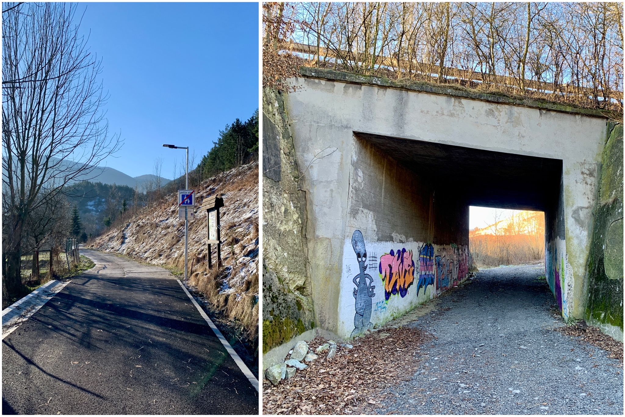 Pokračujeme po ceste, až sa dostaneme mimo obývanú zónu. Za podchodom popod cestu prvej triedy sa nachádza prvé zastavenie. Zdroj: zilina.sp21.sk