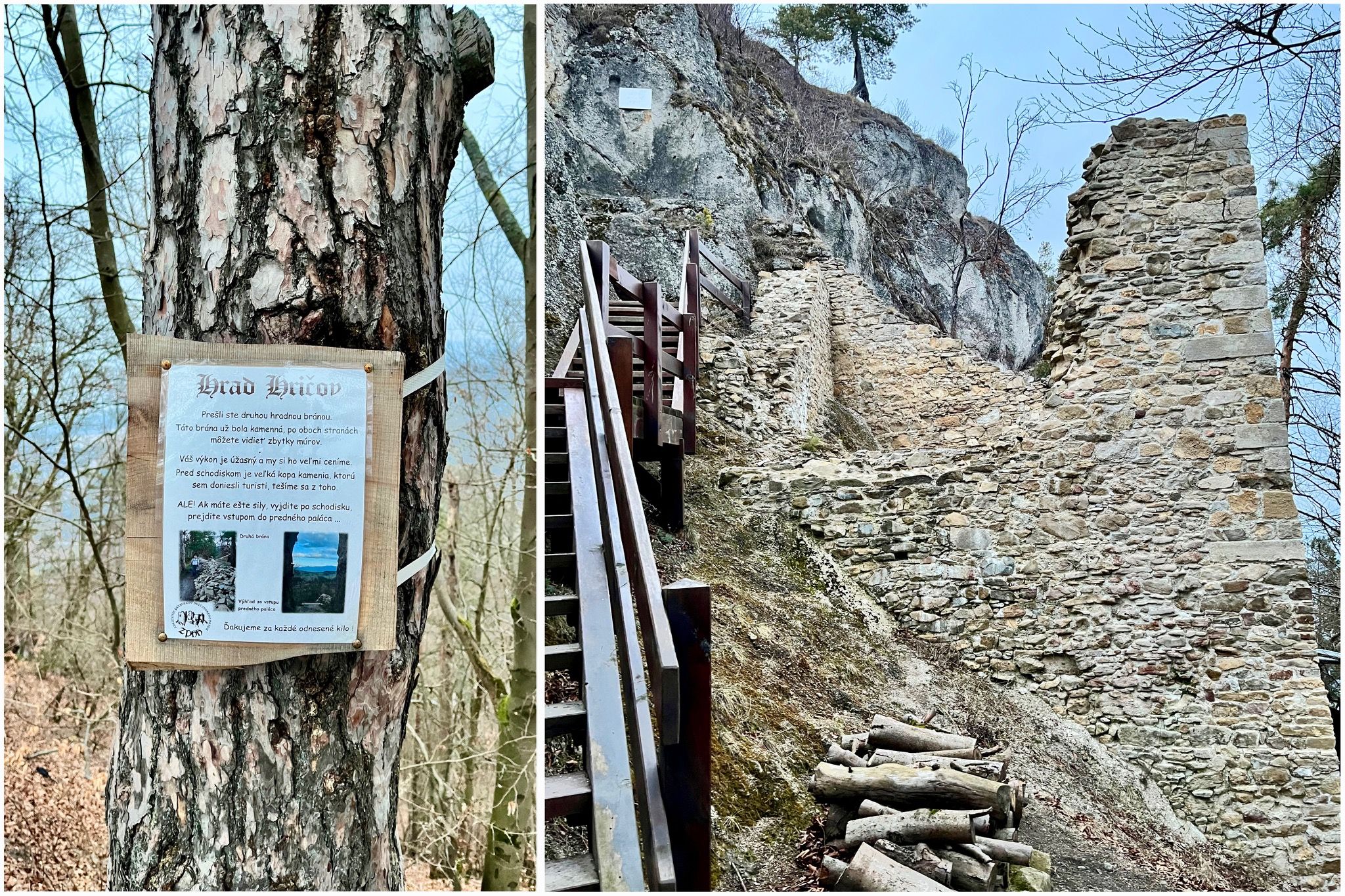 Na hrade sa nestratíte, dobrovoľníci v jeho areáli umiestnili takéto tabule, z ktorých sa dozviete, v ktorej časti hradu sa akurát nachádzate. Napríklad z druhého predhradia sa zachovala rožná veža. Zdroj: Michala Staníková