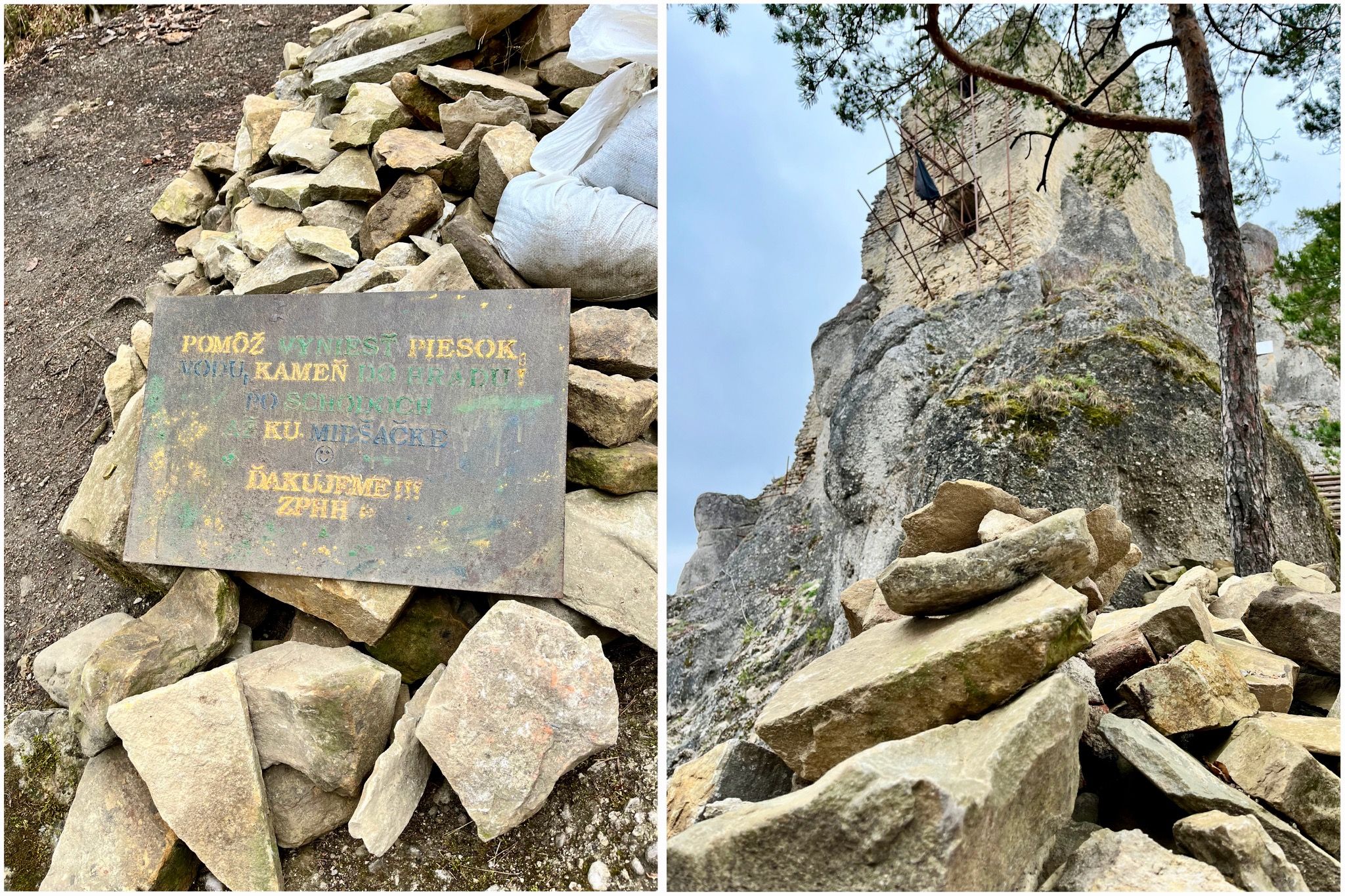 Ak vám po výstupe na hradné bralo zostalo ešte dosť sily, môžete pomôcť dobrovoľníkom vyniesť stavebný materiál do predného paláca. Zdroj: Michala Staníková