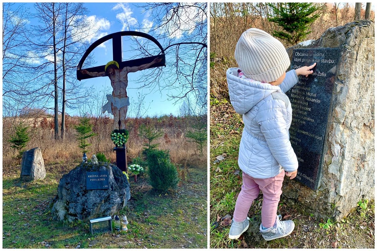 Začiatok Krížovej cesty Ježiša Krista... Pri kríži je osadené tabuľa s menami ľudí, ktorí prispeli na jej výstavbu.