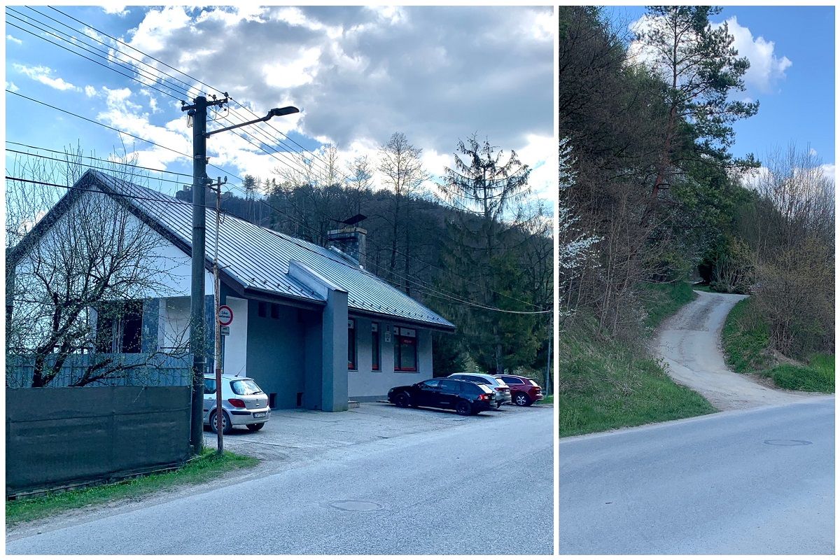 Auto parkujeme pri miestnych potravinách. Chodník ku kreslu  sa začína oproti cez cestu.