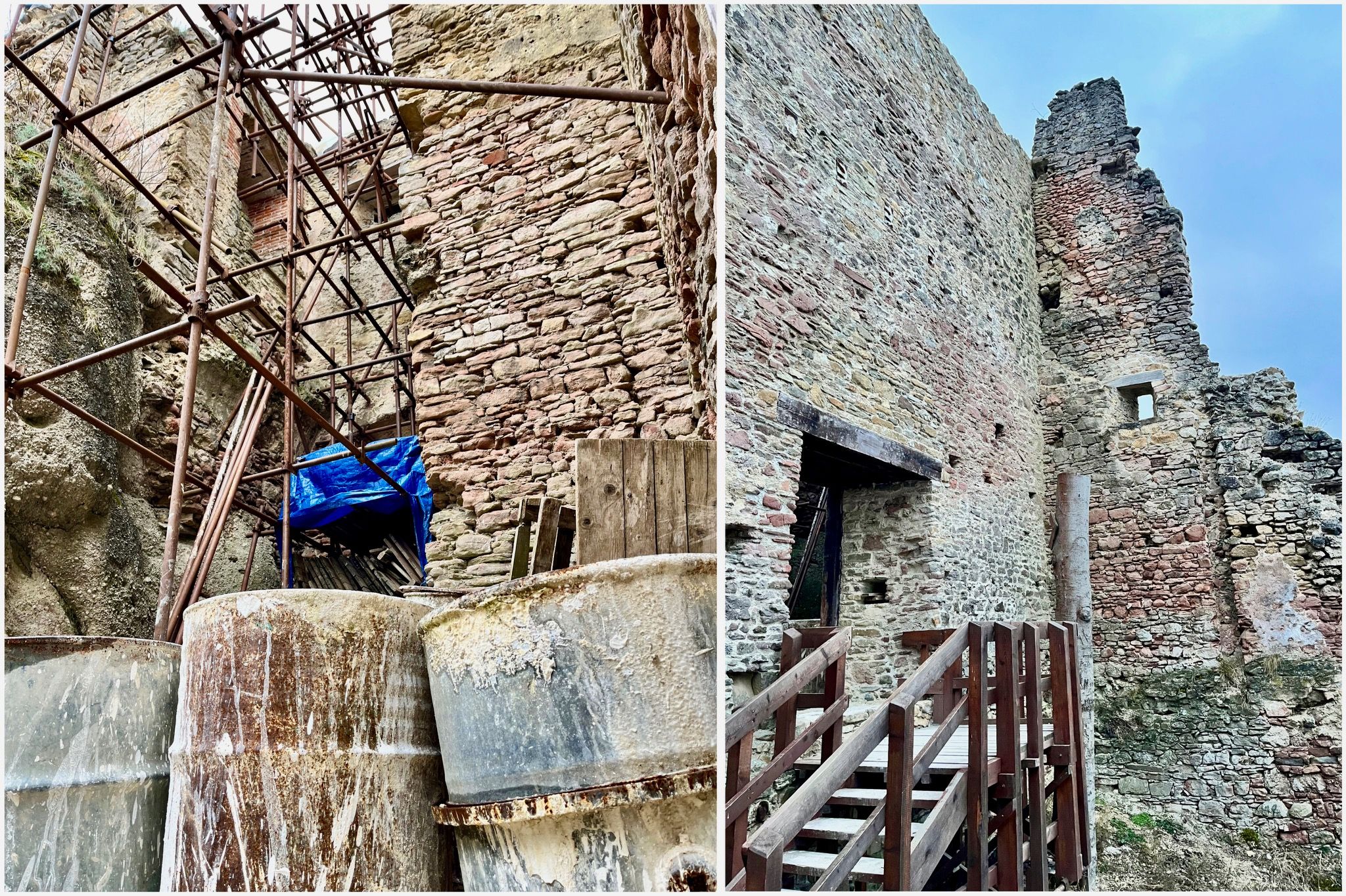 Predný palác (snímka vľavo) slúži združeniu ako zázemie, kde majú uskladnený stavebný materiál a náradie. Zo stredného paláca (snímka vpravo) sa zachovala už len časť obvodovej steny. Zdroj: Michala Staníková