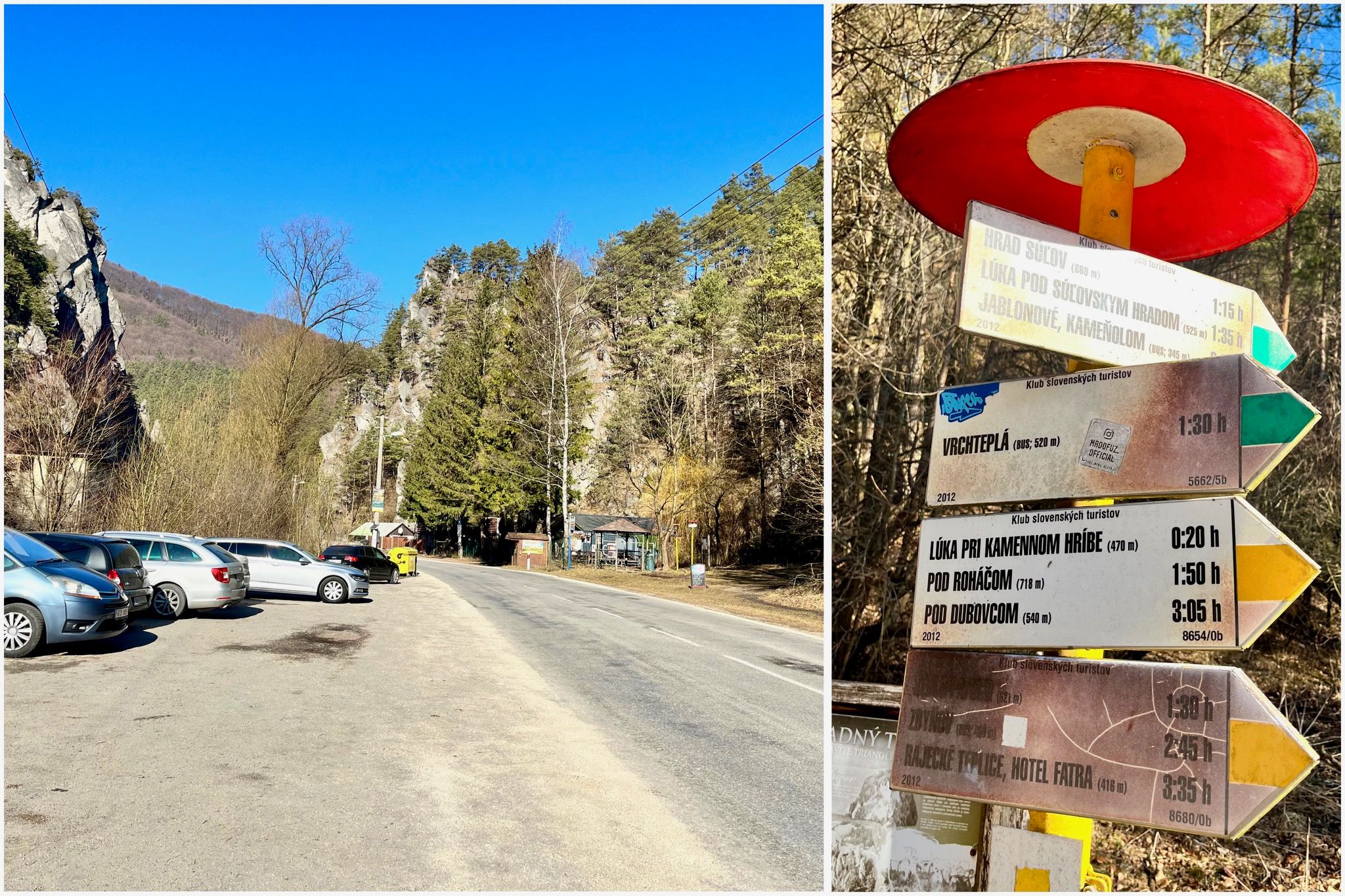 Náš výlet začíname na hradnom parkovisku, odkiaľ na Súľov vedú dve trasy, po zelenej a žltej značke. Zdroj: Michala Staníková