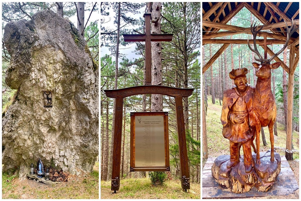 Miestu dominuje skala, pamätná tabuľa na zosnulých poľovníkov a drevená socha patróna poľovníkov - sv. Huberta.