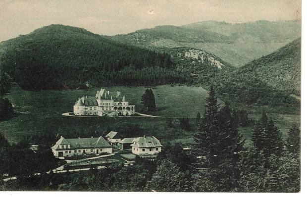 Zámok Kunerad a jeho areál na historickej pohľadnici. Na zábere je možné rozoznať aj tri budovy, ktoré noví majitelia plánujú do budúcnosti opraviť. Snímka: FB Kuneradský zámok v mojom srdci aj tak nikdy nezhorí